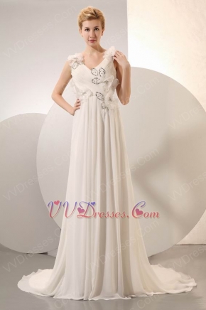 Modest V-Neck Flowers Sequin Ruched Wedding Party Dress