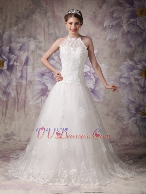 Chic Halter Chapel Train Ivory Tulle 2014 Bride Dress Up