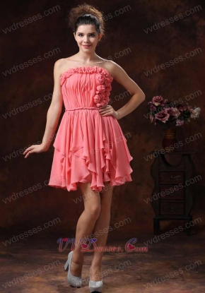 Roll Flowers Watermelon Chiffon Cascade Prom Dress Custom Made