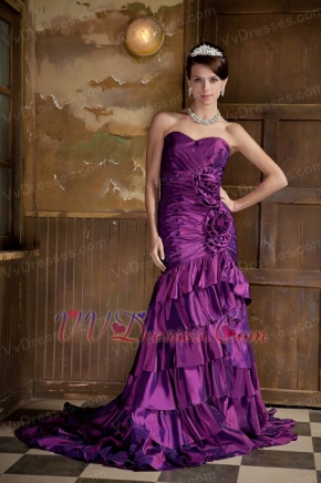 Mermaid Sweetheart Purple Taffeta Prom Gowns Dress With Ruffles Skirt Inexpensive