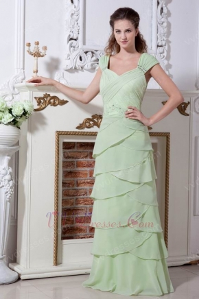 Straps Spring Green V-Neck Layers Skirt Chiffon Fabric Prom Dress