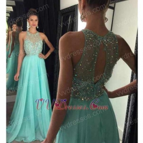 High Collar Floor Length Mint Apple Green Chiffon Celebration Gowns