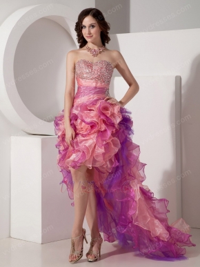 Contast Pink Color 2014 New Fashion High-low Prom Dress