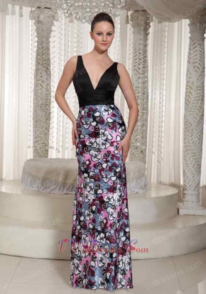 Deep V-neck Printed Fabric Skirt Black Column Special Occasion Prom Dress