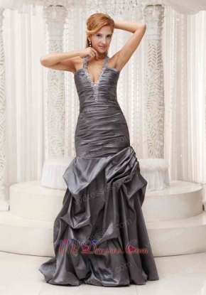 Silver Grey Deep V-neck Mermaid style Taffeta Prom Dress Magnificent