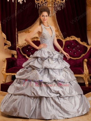 Appliqued Layers Skirt Gray Taffeta Quinceanera Gown On Sale