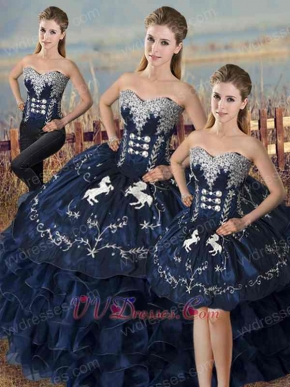Detachable 3 Pieces Navy Satin and Organza Quinceanera Gown Embroidery Horse/Fastener