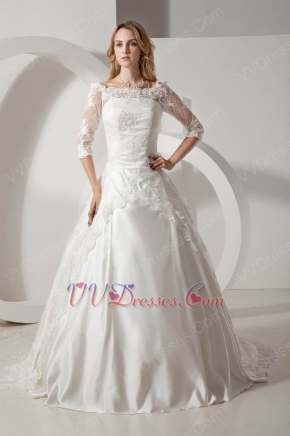 Hot Sell Off Shoulder 3/4 Long Lace Sleeves Church Bride Wedding Dress