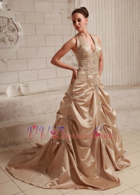 Halter Top Neck Taffeta Champagne Wedding Dress With Embroidery Pregnant