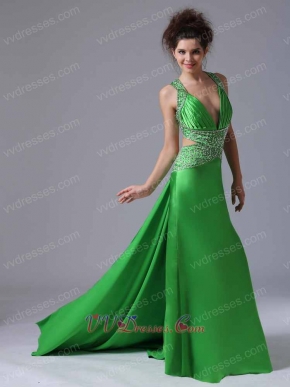 Featured V-neck Watteau Cross Back Waist Cut Out Spring Green Dancing Dress