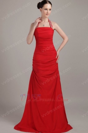 Beade A-line Red Chiffon Halter La Femme Prom Dress