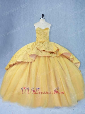 Graceful Flat Sparkle Tulle Ball Gown Gold Applique Overlay Chapel Train Quinceanera