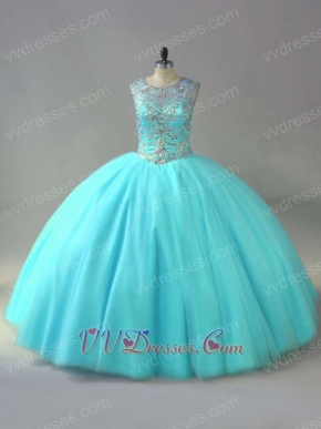 Sheer Scoop Neck Beading Bodice Ice Blue Tulle Dancing Quinceanera Ball Gown Elegant