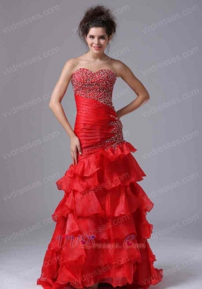 Oblique Seam Wasitline Mermaid Organza Red Layers Prom Dress