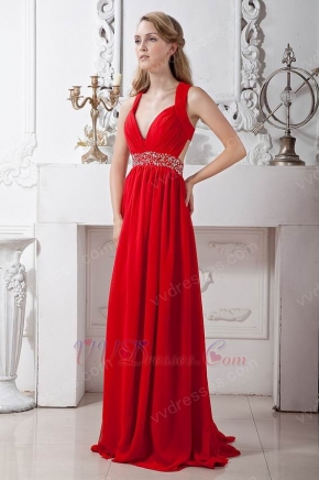 Fashionable Cross Back Scarlet Chiffon Prom Dress With Beaded Belt