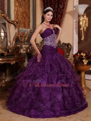 Purple Ruffled Skirt Floor Length Ball Gown With Beading