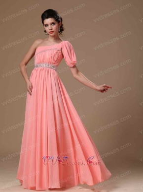 Honorable Watermelon Chiffon Unique Prom Dress With One Shoulder Ribbon