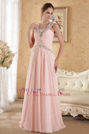 A-line Floor Length Pink Chiffon Skirt Prom Dress With Diamonds