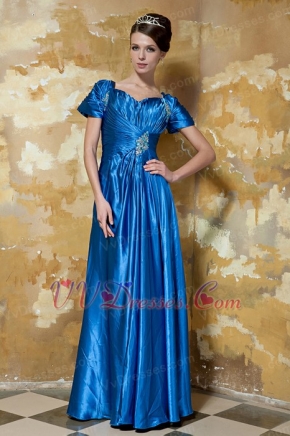 Royal Blue V-neck Floor-length Taffeta Prom Dress With Short Sleeve Inexpensive