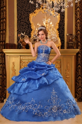 Strapless Embroidered Bottom Cerulean Quinceanera Dress