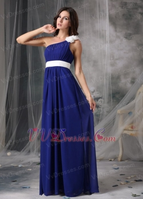 Royal Blue and White Rosette One Shoulder Chiffon Prom Dress Inexpensive