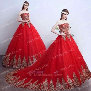 2019 Pretty Red Quinceanera Ball Gown Train With Gold Pineapple Appliques