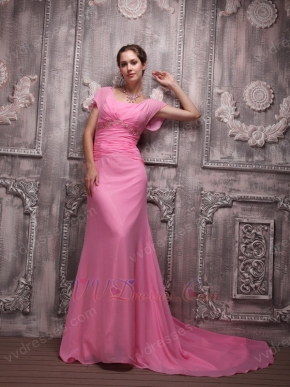 V-neck Rose Pink Handmade Chiffon Dress For Evening Party