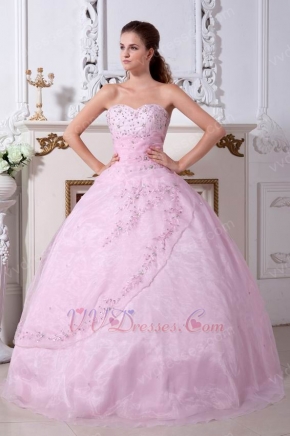 Inexpensive Sweetheart Pink Prom Ball Gown With Embroidery