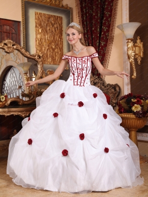 Off Shoulder White Quinceanera Dress With Wine Red Flower