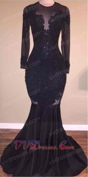 High Collar Mearmaid Black Sexy Evening Dress Appliques