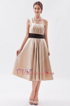 Modest One Shoulder Tea Length Short Prom Dress With Black Belt