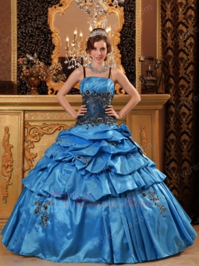 Salvia Blue Quinceanera Dress With Spaghetti Straps Puffy Skirt