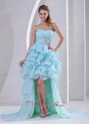 Light Blue High-low Ruffles Prom Gown For September Vacation Wear