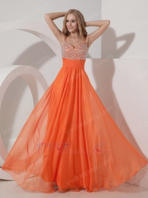 Not Expensive Spaghetti Straps Orange Chiffon Beaded Prom Dress