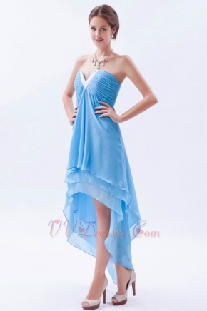 V-Shaped Strapless Asymmetrical High Low Layers Aqua Prom Gown