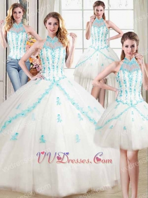 White Mesh With Ice Blue Floret Detaisl Detachable Four Pieces Quinceanera Ball Gown