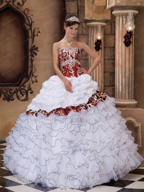 Cascade Skirt White Quinceanera Dress With Leopard Fabric