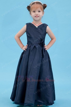 Navy Blue V-Neck Rosette A-line Wedding Flower Girl Dresses