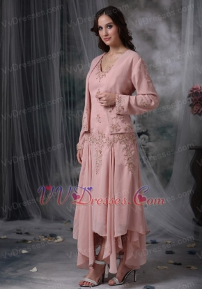 Asymmetrical Pink Chiffon Mother of the Bride Dress With Coat Modest