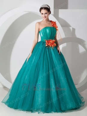 Cheap One Shoulder Teal Prom Dress With Flower Decorate