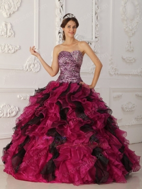 Multi-color Fuchsia And Black Ruffles Leopard Print Quinceanera Dress