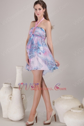 Printed Chiffon Fabric Prom Dress With Halter Mini Skirt