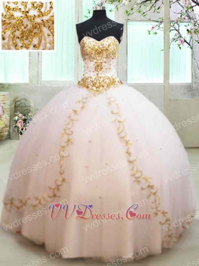 Sample Dress Picture White Mesh Flat Quinceanera Gown Gold Appliques China Factory