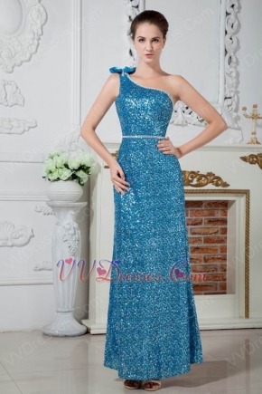 Blinking One Shoulder Bowknot Sequin Blue Cocktail Dress