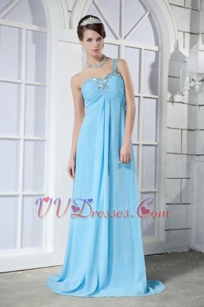 Light Aqua Blue One Shoulder Chiffon Fashion Prom Dresses 2014 Inexpensive