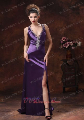 Deep V-neck Colorful Crystals Show Leg Slit Purple Evening Dress Cross Back