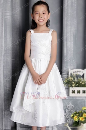 Square Neckline Tea-length Taffeta Appliques Flower Girl Dress