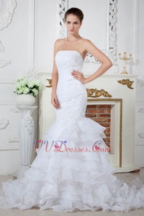 Affordable Strapless Mermaid Ruffle Layers Chapel Bridal Dress