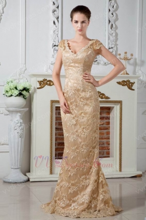 Sexy V Neck Dark Champagne Lace Prom Party Dress With Cap Sleeves