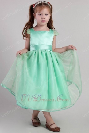 Apple Green A-line Square Tea-length Organza Belt Little Girl Dress